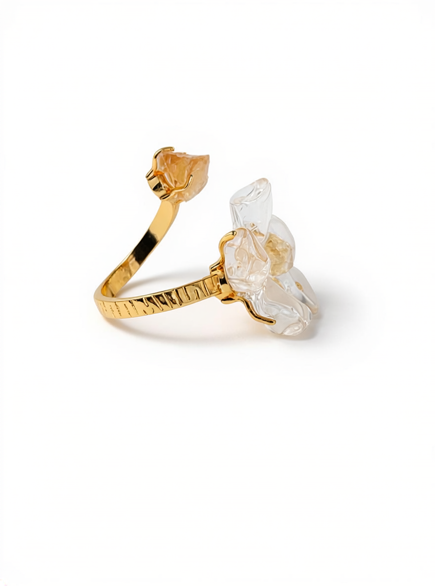 Clear Quartz Flower Ring with raw Citrine, side view