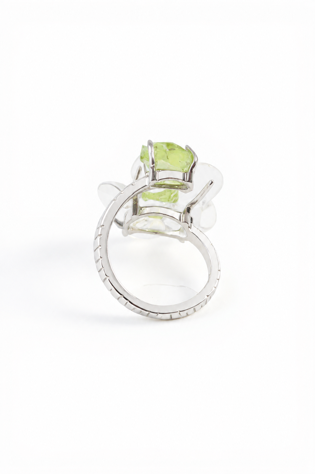 Clear Quartz Flower Ring with raw Peridot, back view