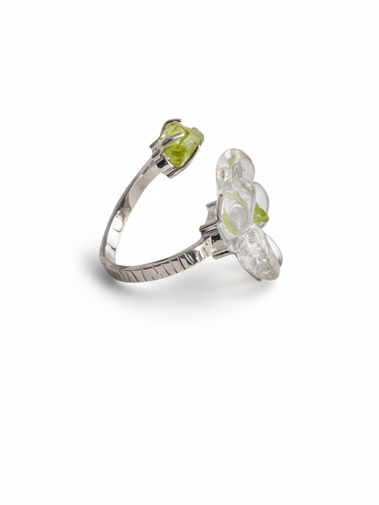 Clear Quartz Flower Ring with raw Peridot, side view