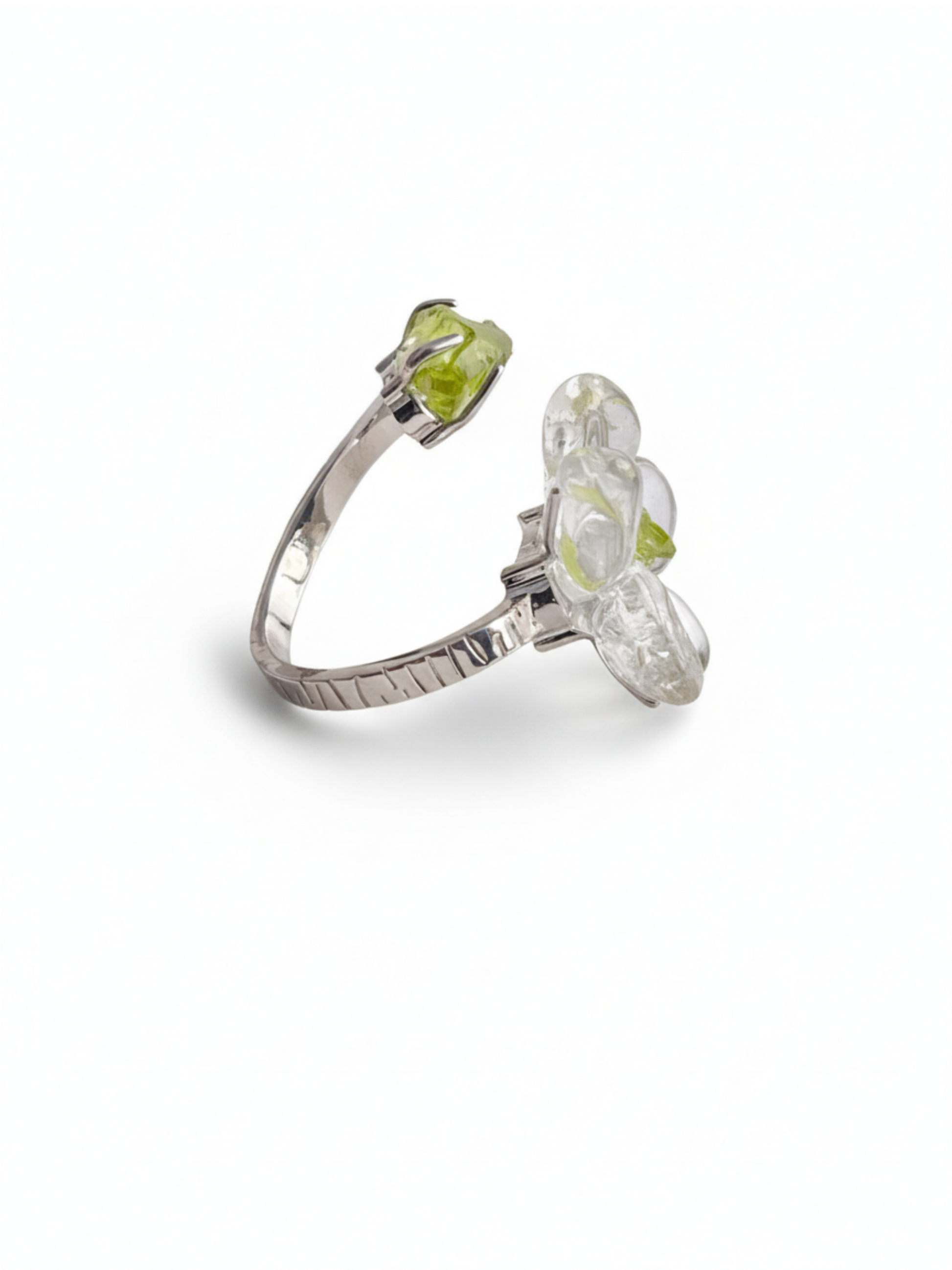 Clear Quartz Flower Ring with raw Peridot, side view