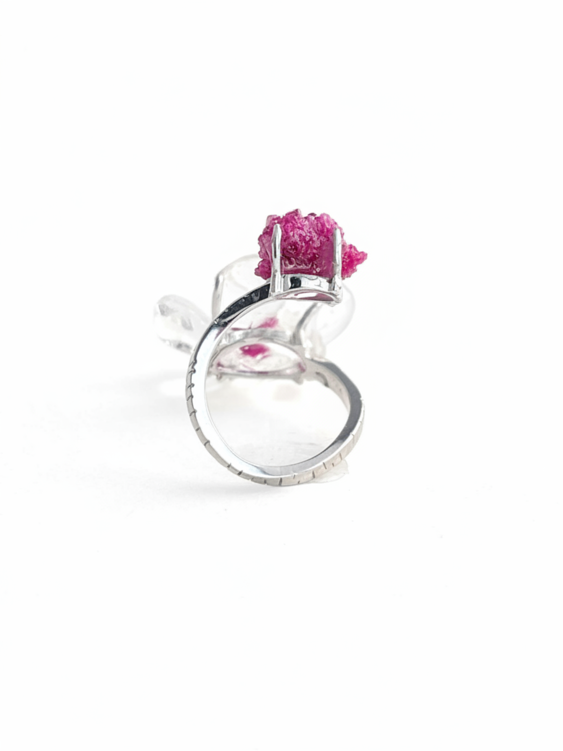 Clear Quartz Flower Ring with raw Ruby, back view