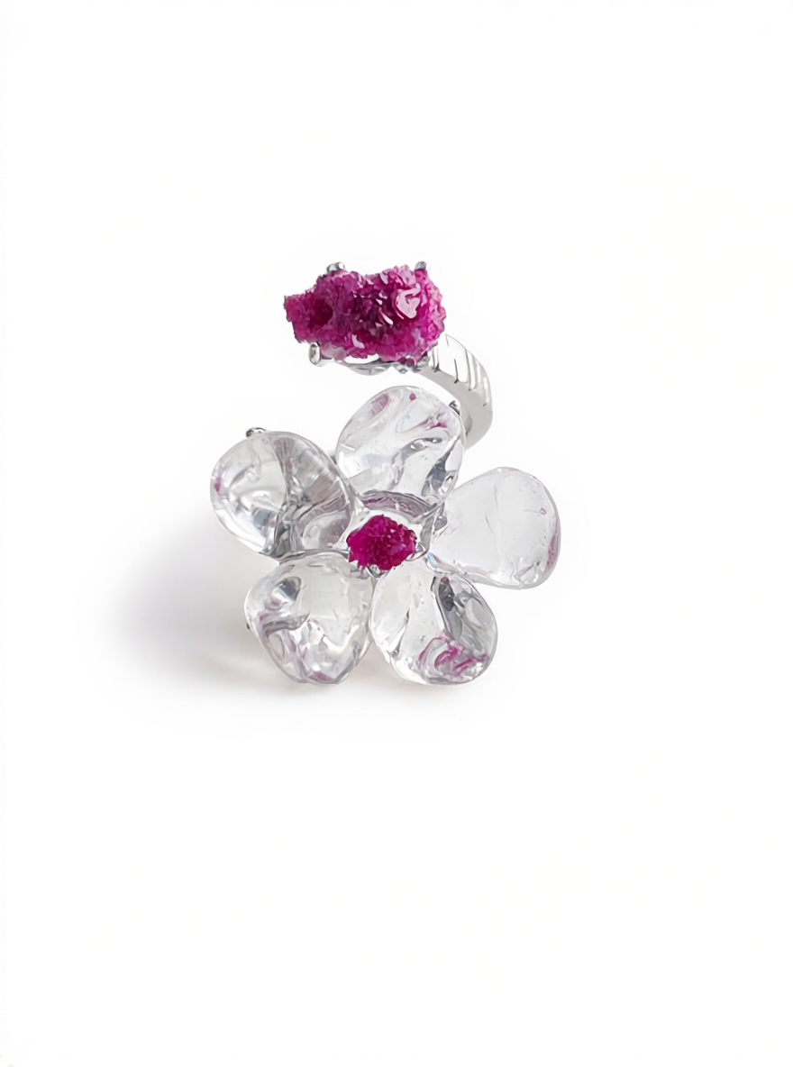 clear-quartz-flower-ring-raw-ruby-red-corundum-front