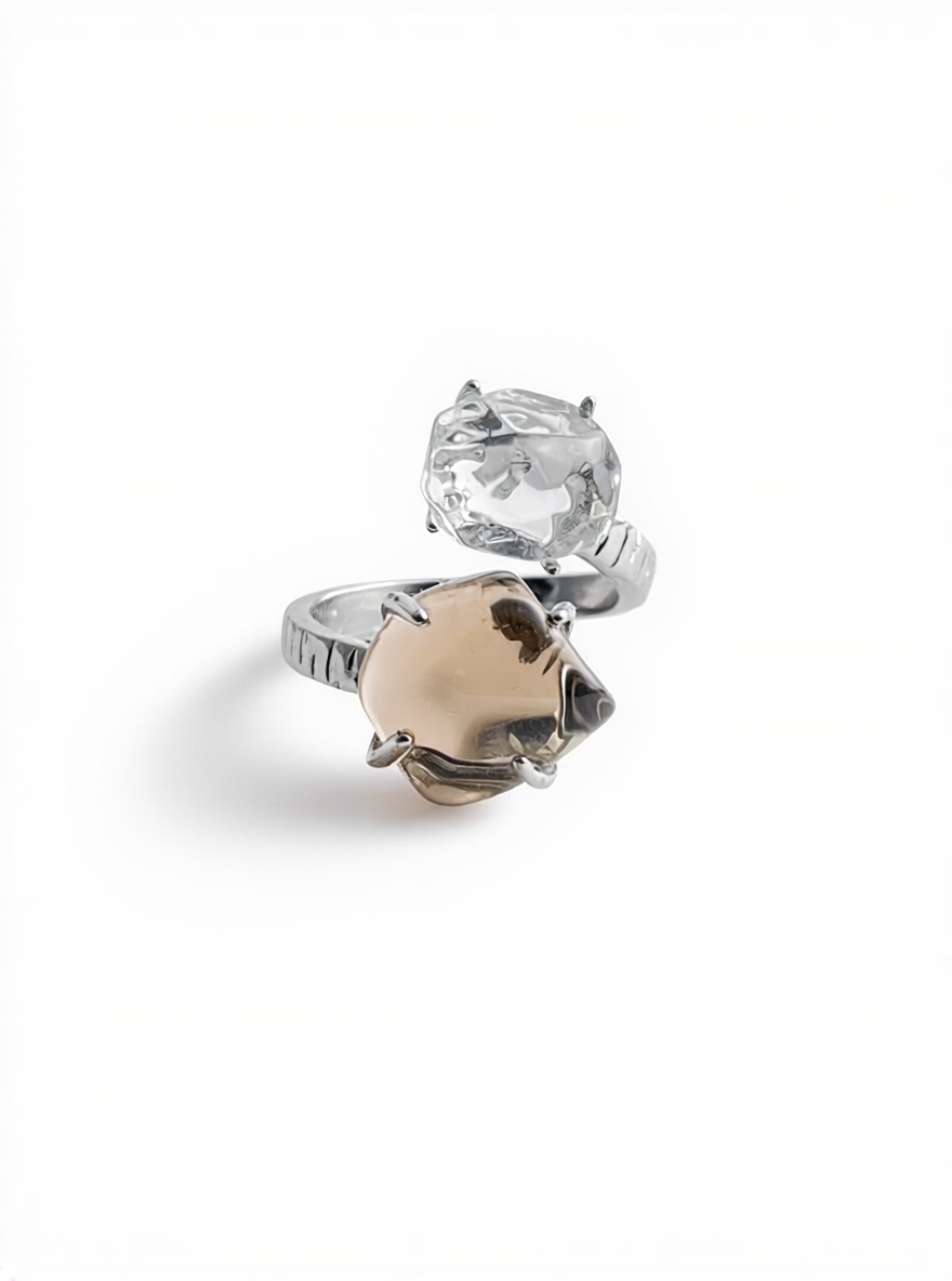 Clear Quartz and Smoky Quartz Freeform Ring, front view