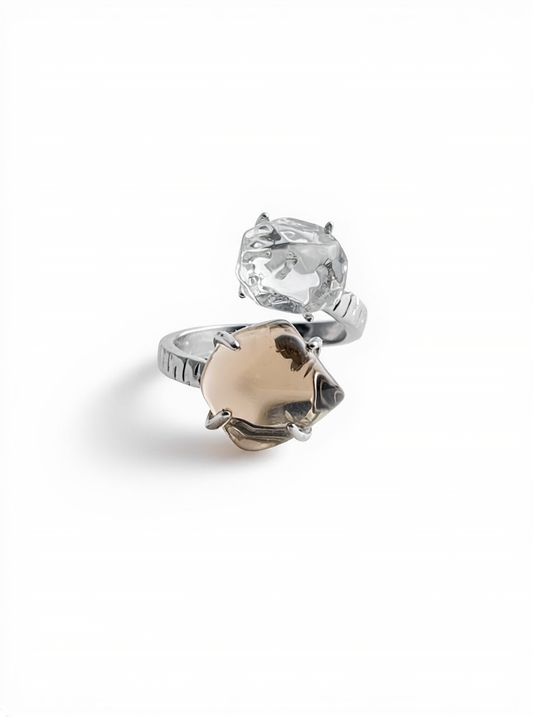 Clear Quartz and Smoky Quartz Freeform Ring, front view