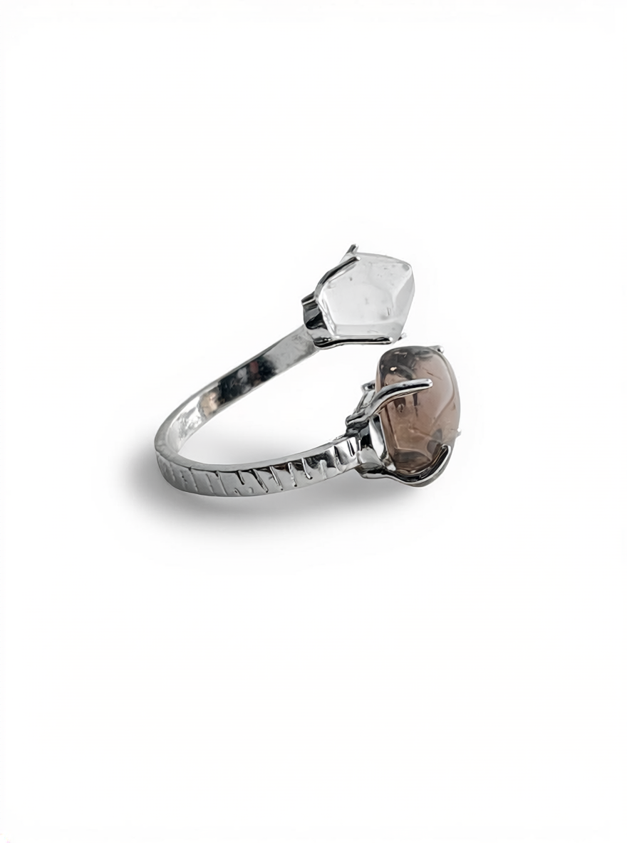 Clear Quartz and Smoky Quartz Freeform Ring, side view