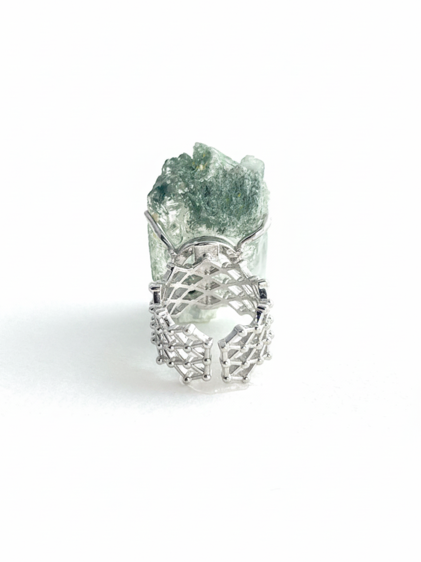 Back view of Colombian Lemurian Green Phantom Quartz Cluster ring and adjustable band