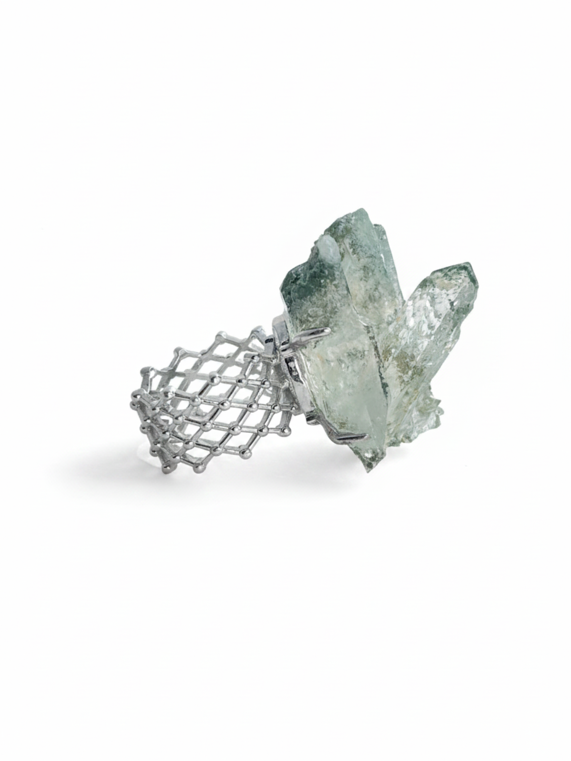 Side view of Colombian Lemurian Green Phantom Quartz Cluster ring