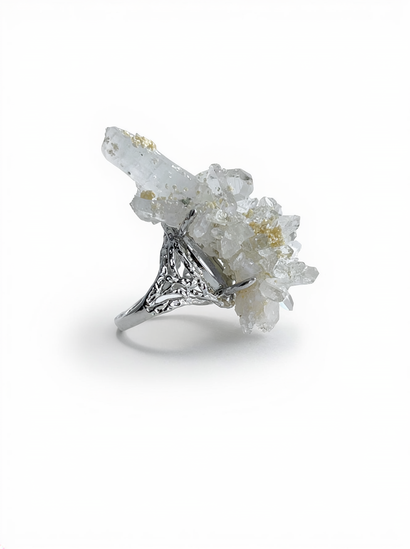 Side view of Colombian Lemurian Quartz Cluster with Dolomite Ring and palladium plated band