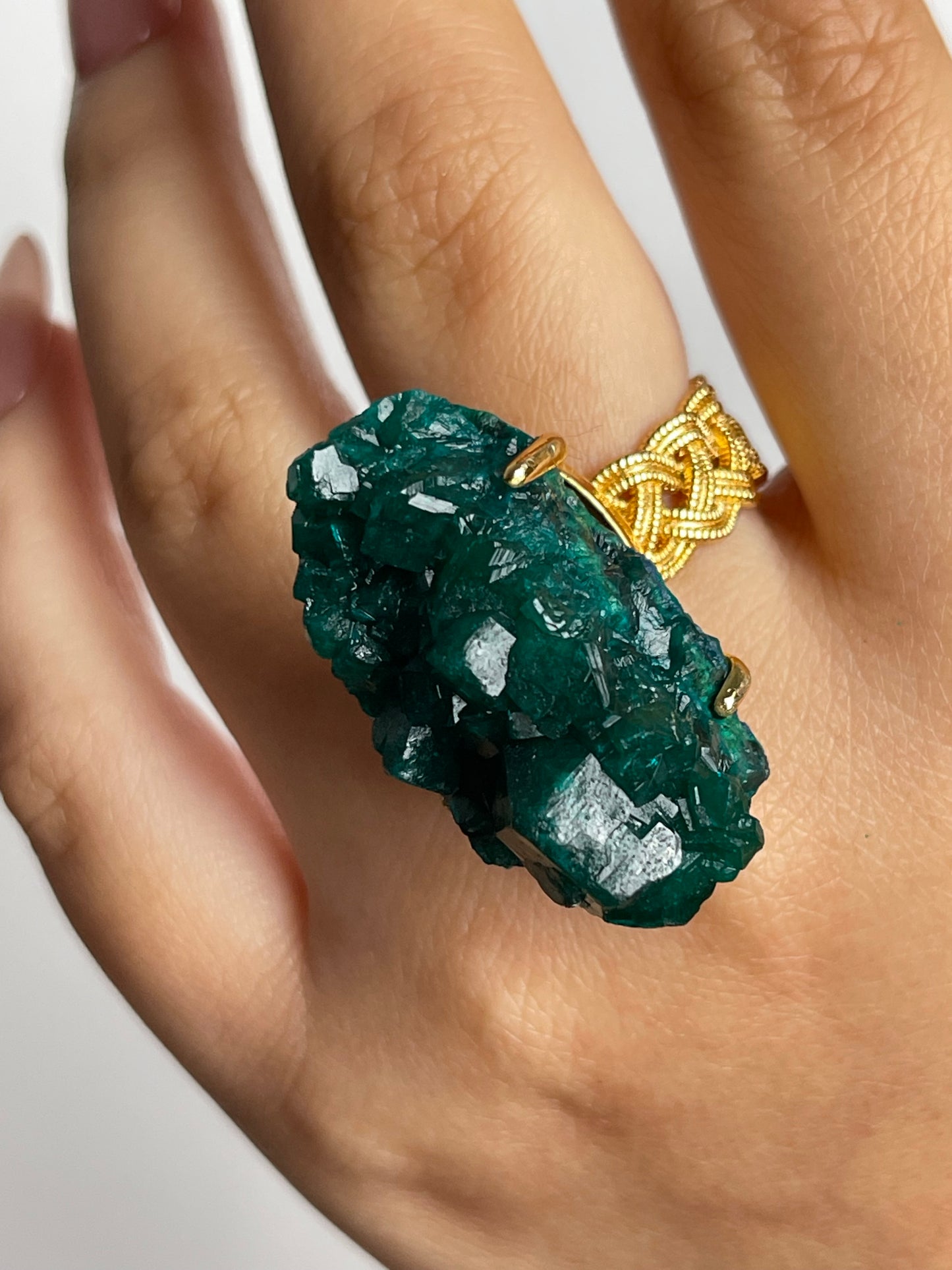 close up natural congo dioptase crystal ring