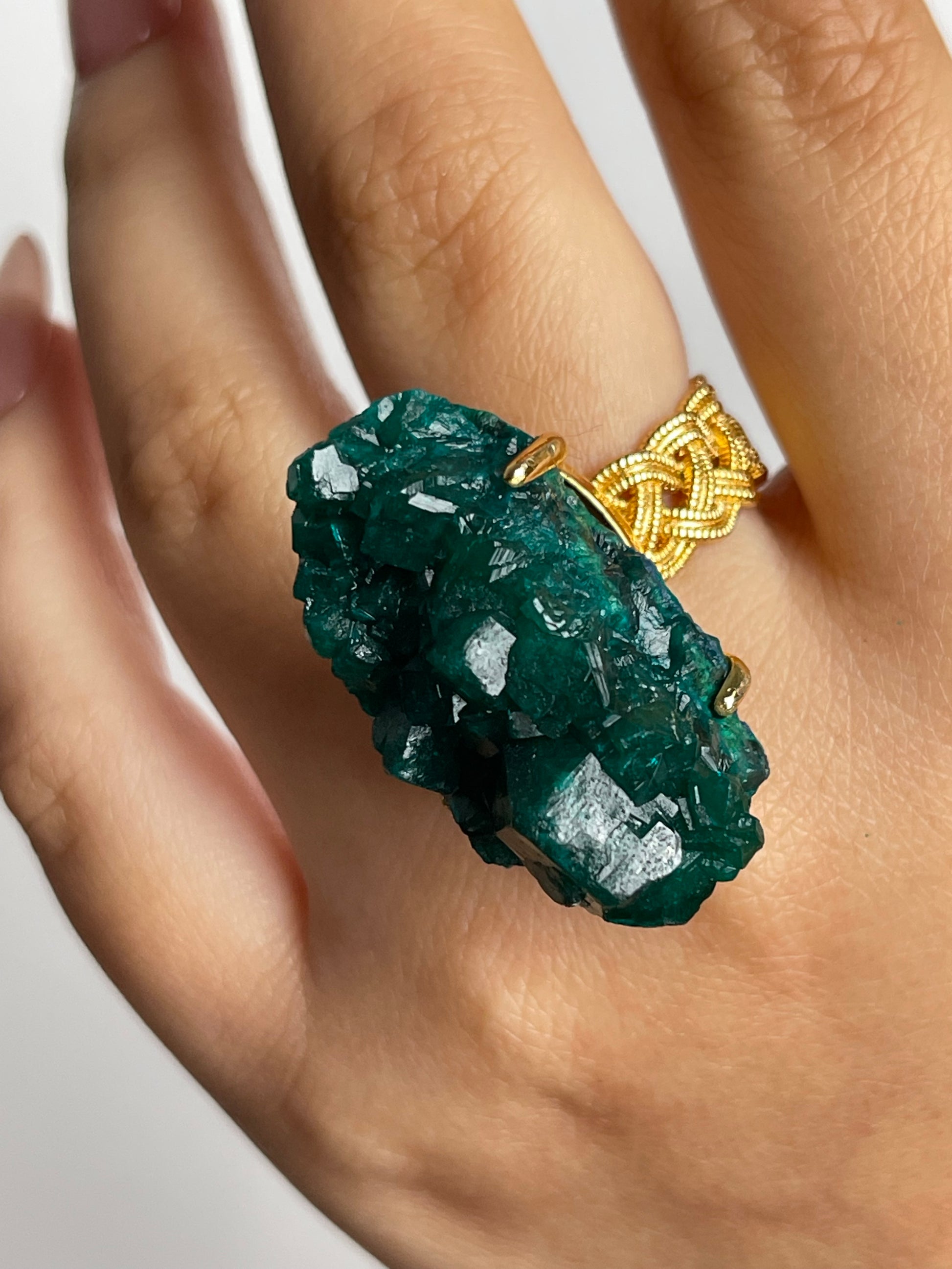 close up natural congo dioptase crystal ring