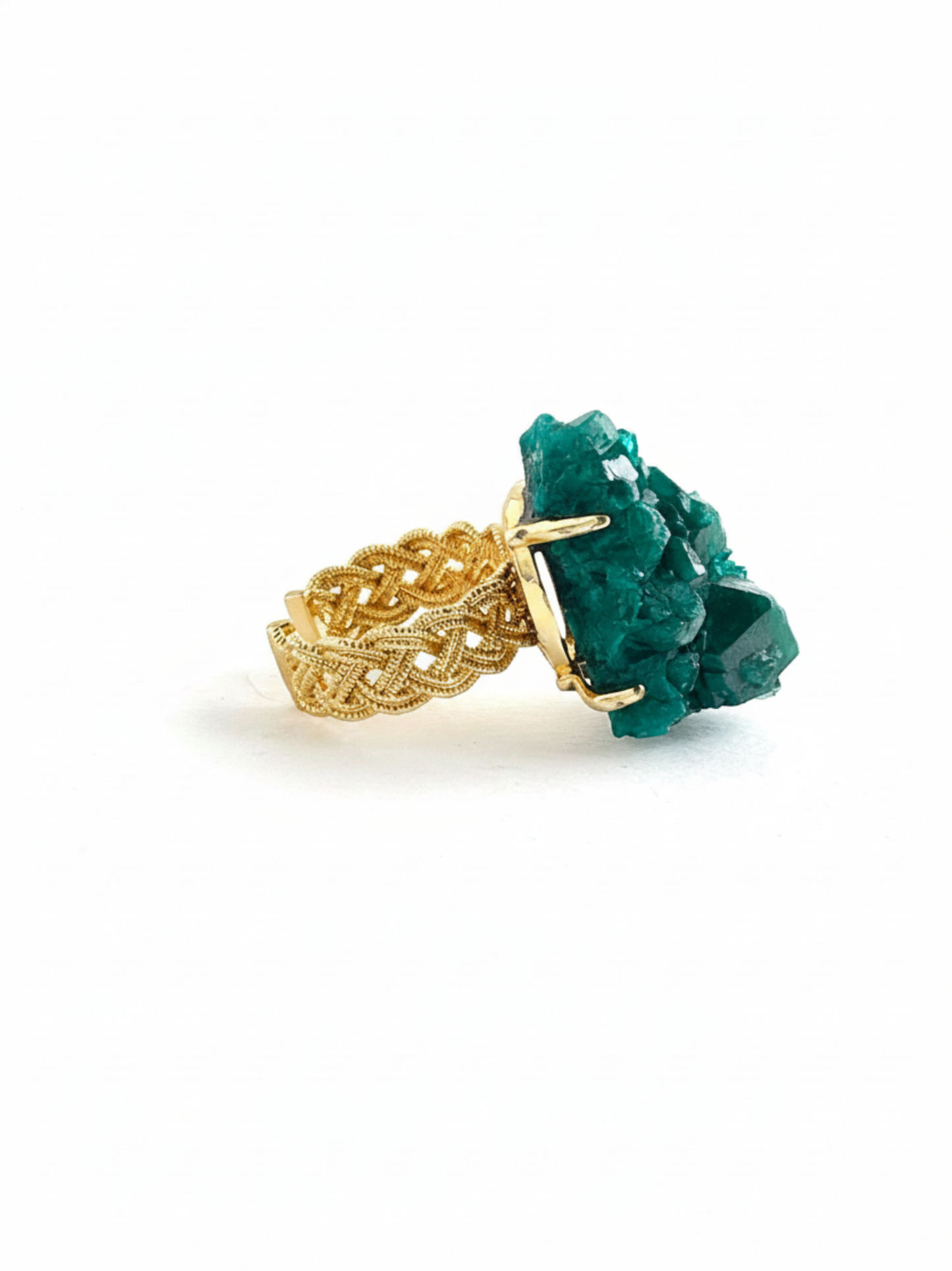 Side view of raw dioptase crystal ring with emerald green mineral cluster