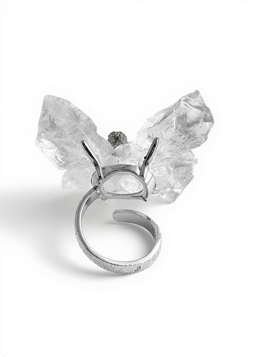 Back view of Crystal Butterfly Ring with Brazilian Quartz and Peruvian Chalcopyrite