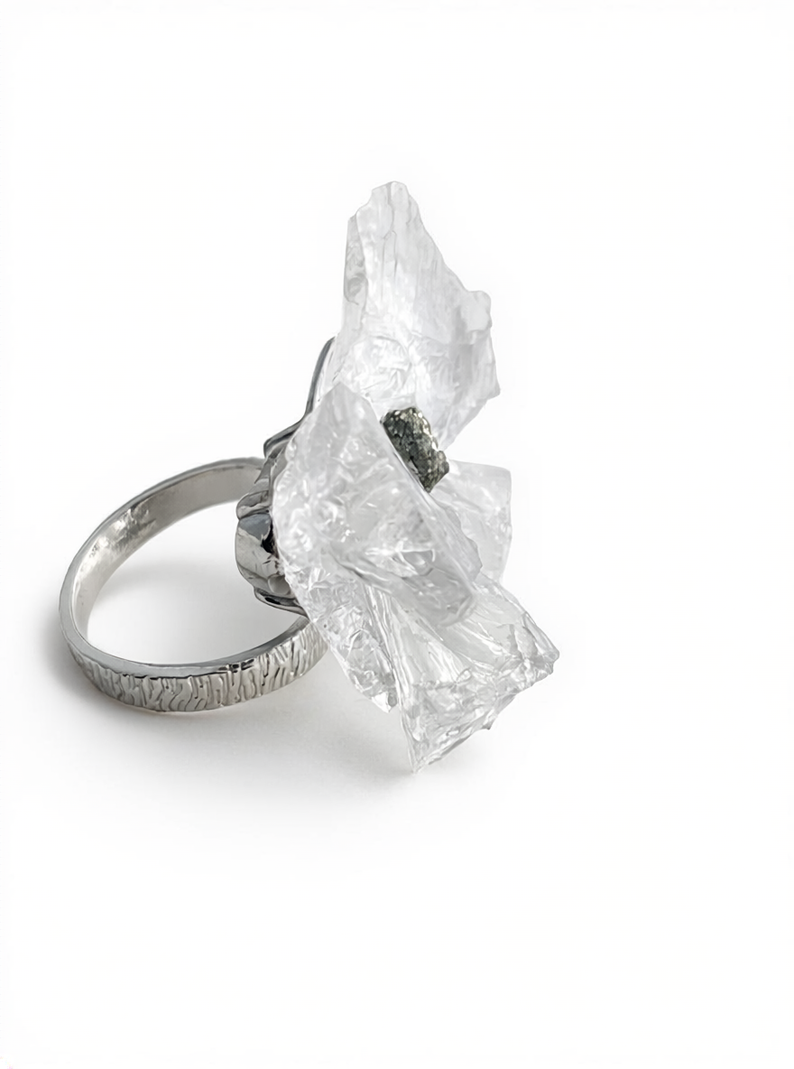Side view of Crystal Butterfly Ring with Brazilian Quartz and Peruvian Chalcopyrite