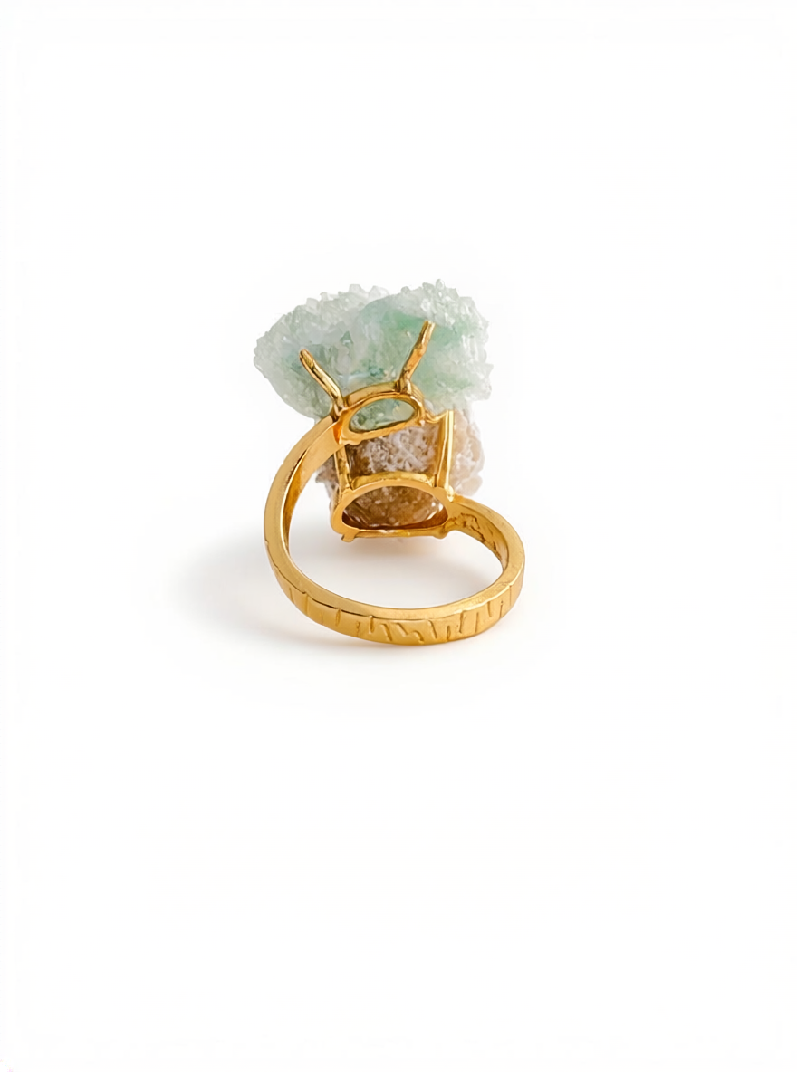 Desert Rose and Green Strawberry Quartz Mineral Specimen Ring, back view