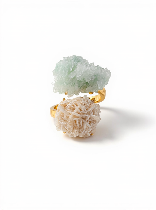 Desert Rose and Green Strawberry Quartz Mineral Specimen Ring, front view