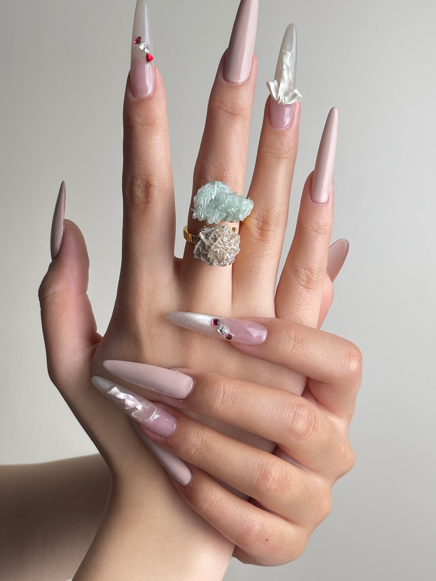 Desert Rose and Green Strawberry Quartz Mineral Specimen Ring worn on hand