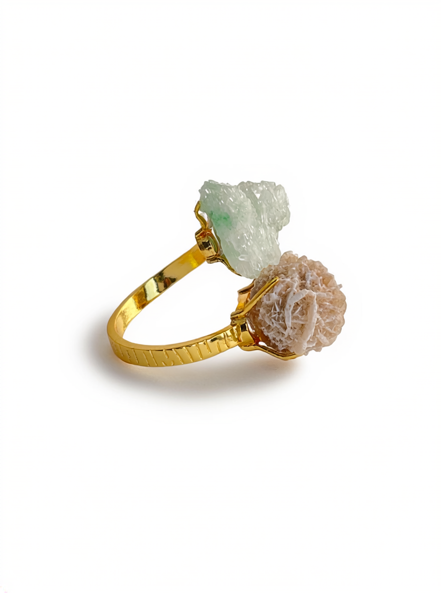 Desert Rose and Green Strawberry Quartz Mineral Specimen Ring, side view