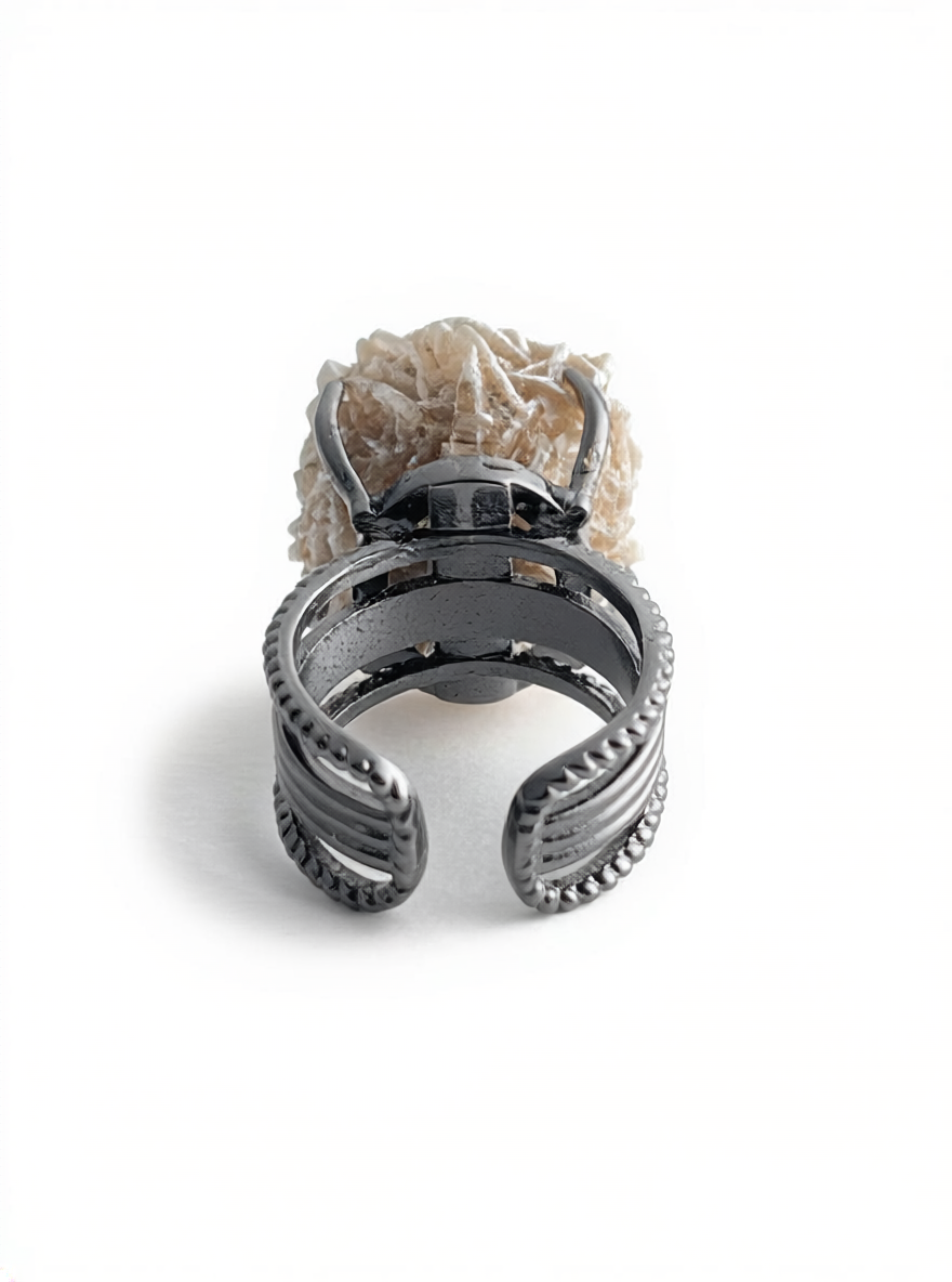 Back view of Desert Rose mineral specimen ring from Morocco showing natural mineral specimen texture and band setting.