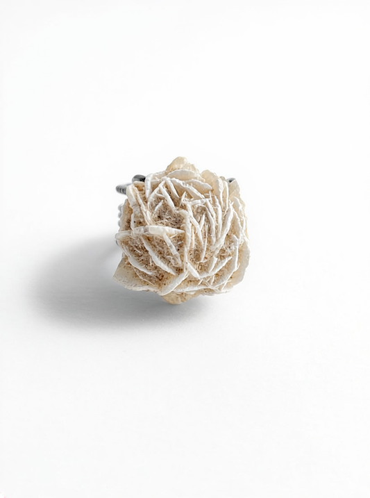 Front view of Desert Rose mineral specimen ring from Morocco with natural rose-like gypsum crystal formation.