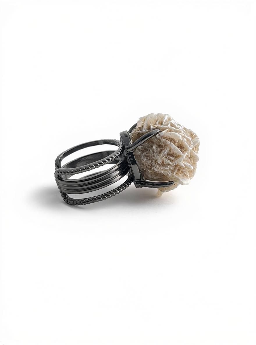 Side view of Desert Rose mineral specimen ring from Morocco showing dimensional layered crystal structure.