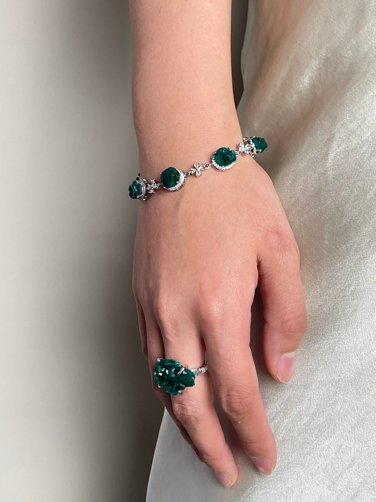 Dioptase bracelet Congo mineral specimen jewelry worn on wrist