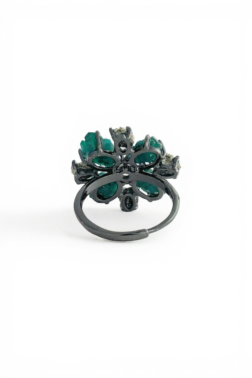 Back view of Dioptase and Chalcopyrite snowflake ring