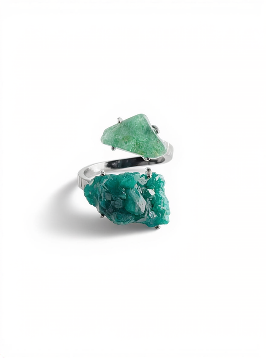 Dioptase and Green Strawberry Quartz Ring front view by Oryssia