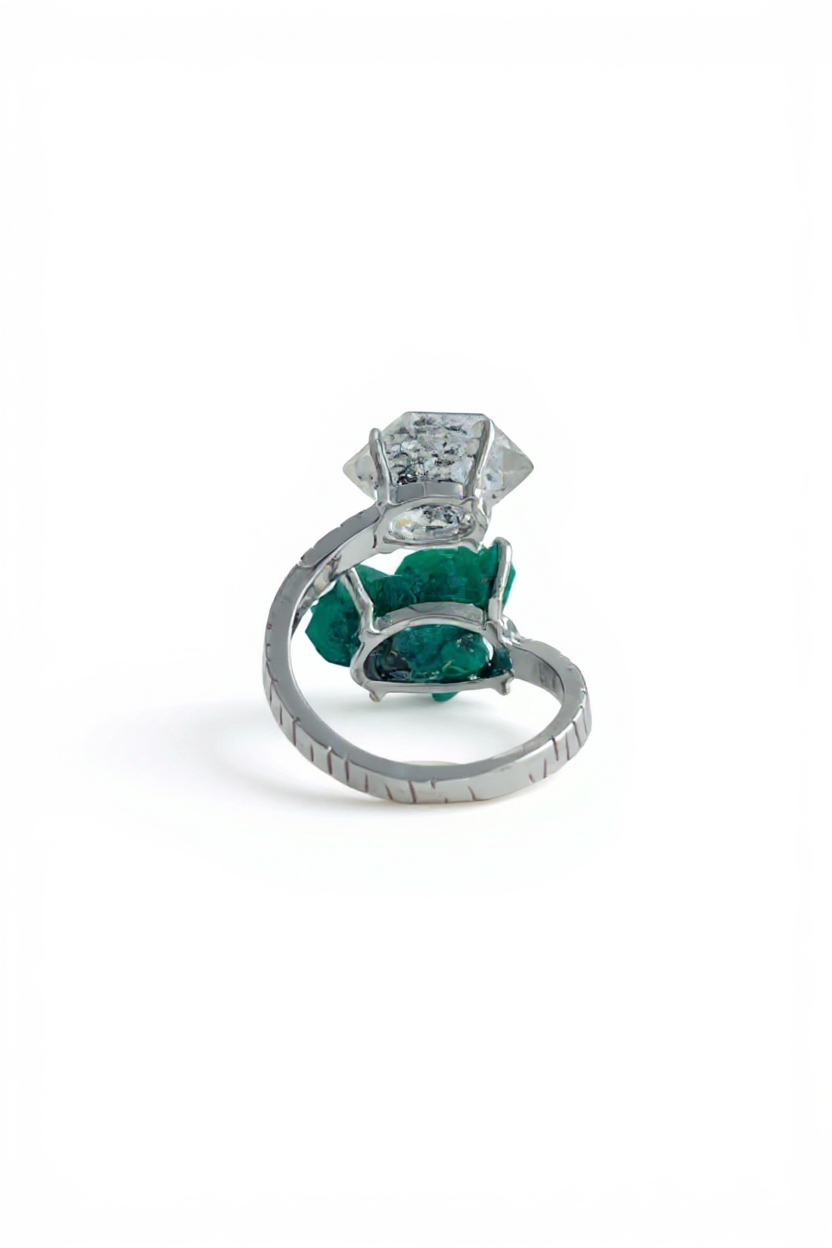 Back view of adjustable Dioptase and Herkimer Diamond Quartz ring