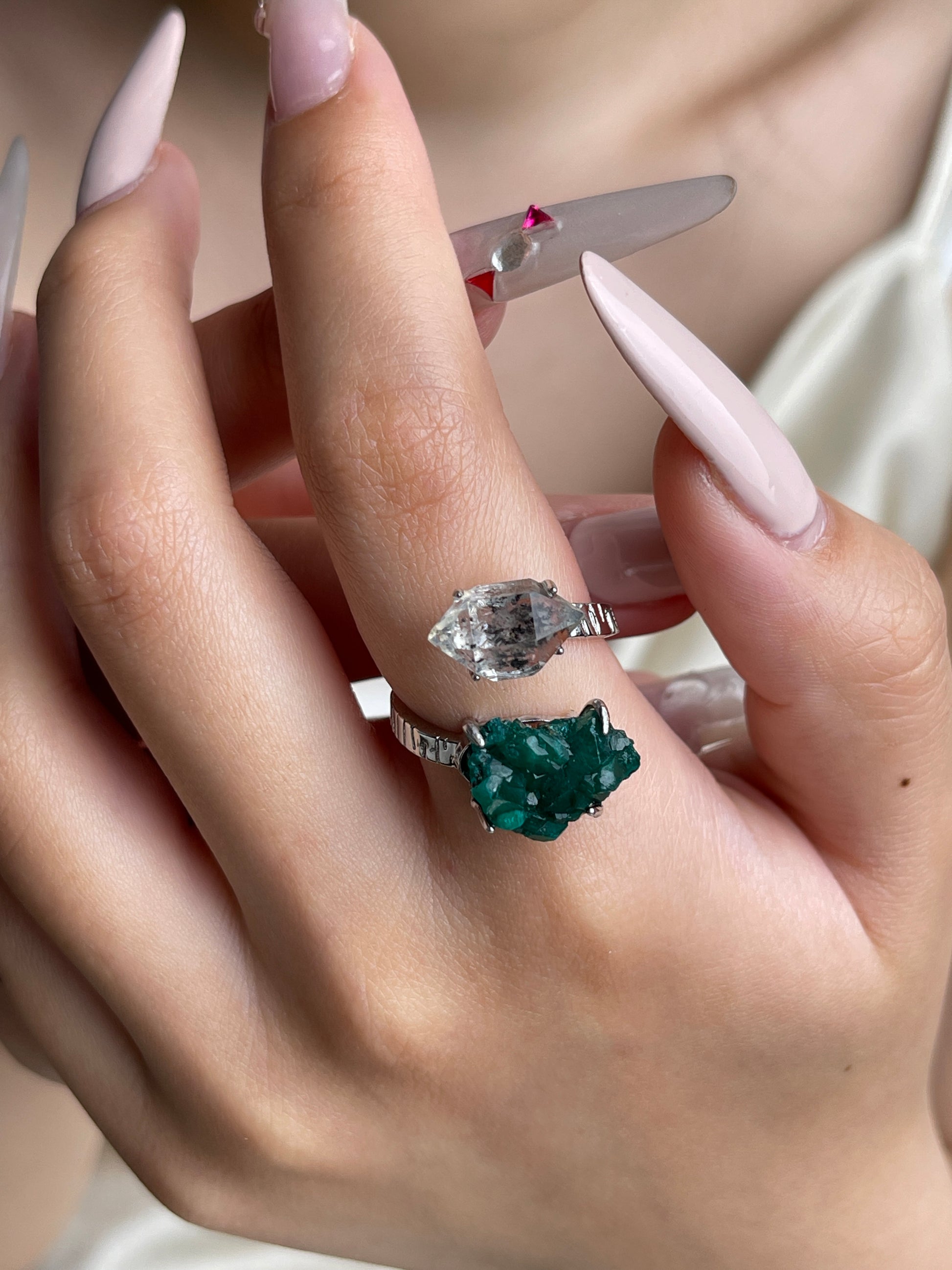 Raw Dioptase and Herkimer Diamond Quartz open ring worn on hand