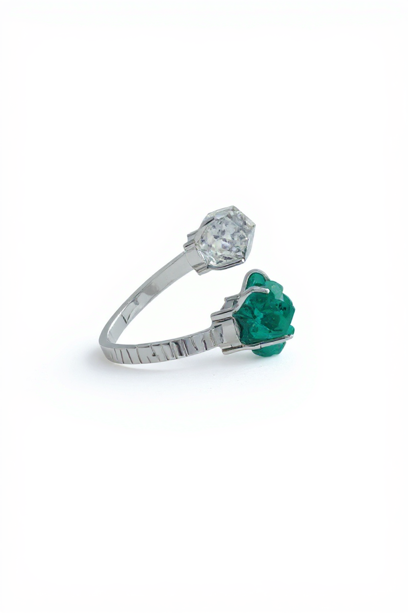Side view of Dioptase and Herkimer Diamond Quartz open ring