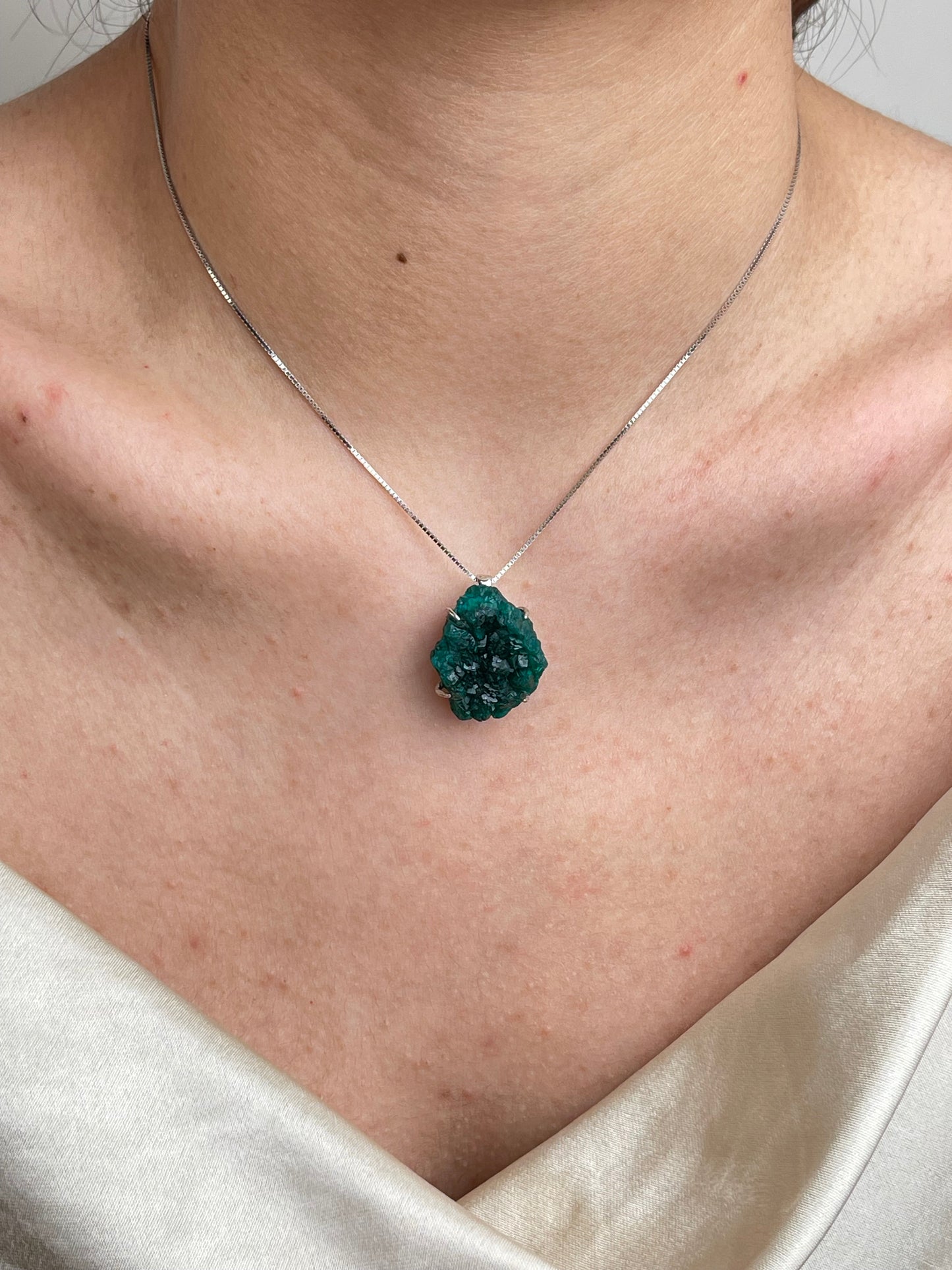 Dioptase necklace Congo mineral specimen jewelry worn on neck