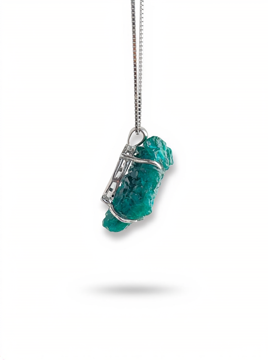 Side view of Dioptase mineral specimen necklace