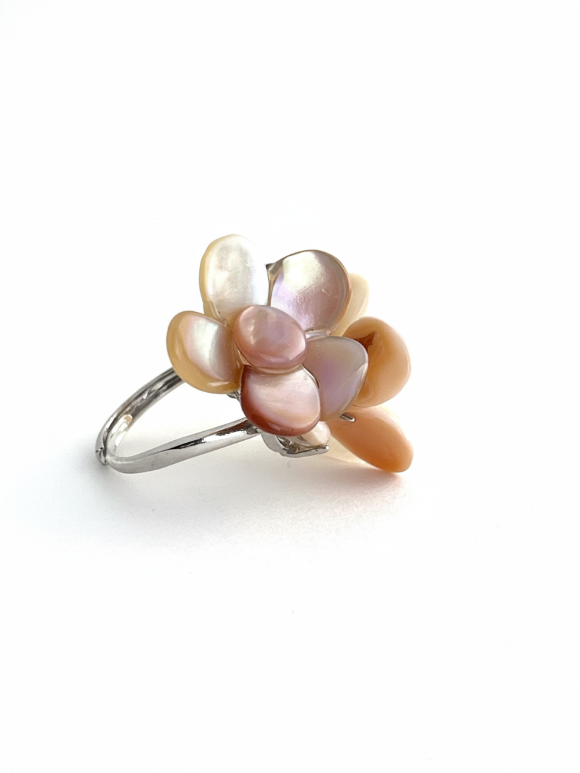 Side view of double Mother of Pearl flower ring