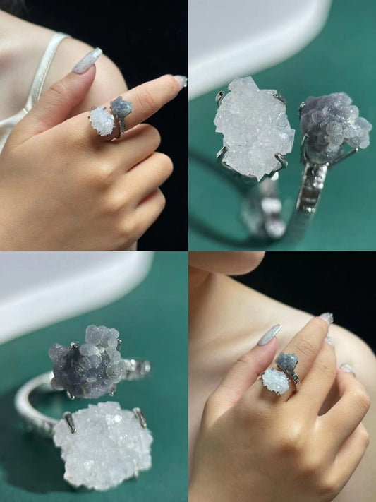 White Sugar Quartz & Grape Agate Twin Crystal Ring