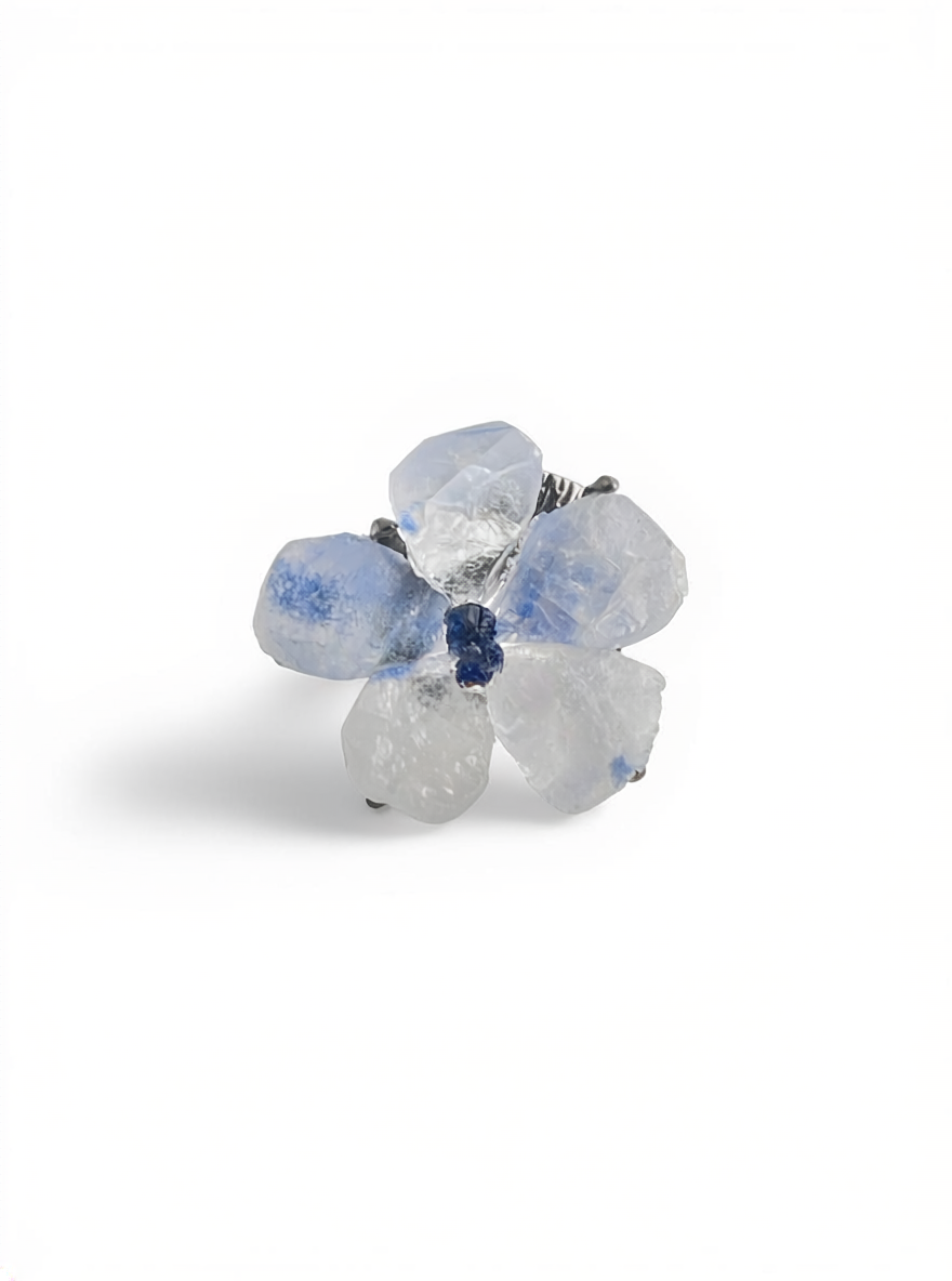 Dumortierite quartz flower ring with tanzanite fluorite front view