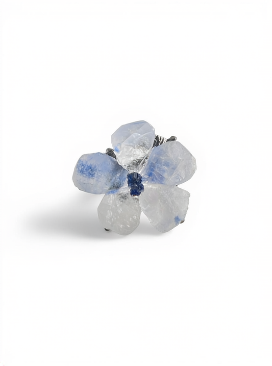 Dumortierite quartz flower ring with tanzanite fluorite front view