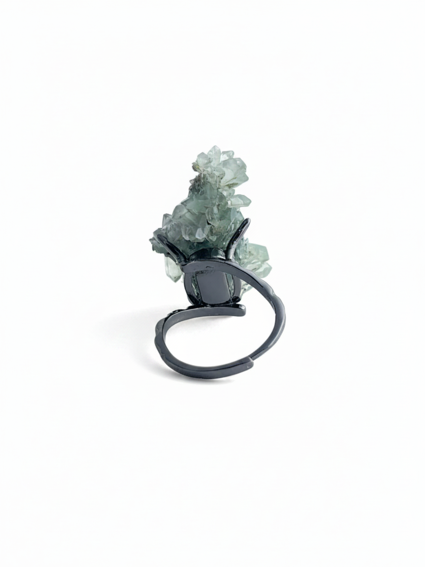Back view of Epidote and Quartz crystal cluster ring with raw mineral setting