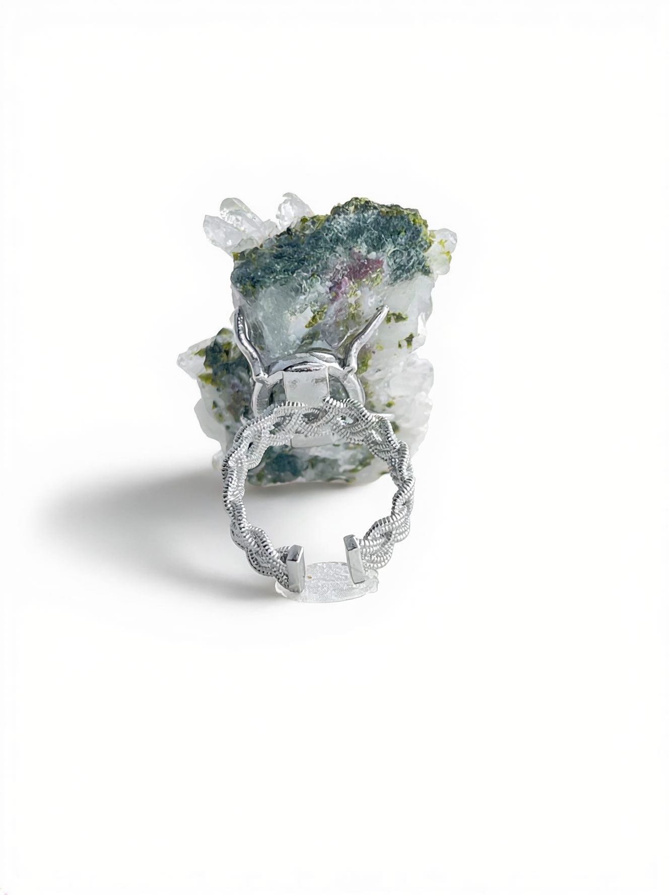 Back view of Epidote and Quartz Crystal Cluster Ring with adjustable open band
