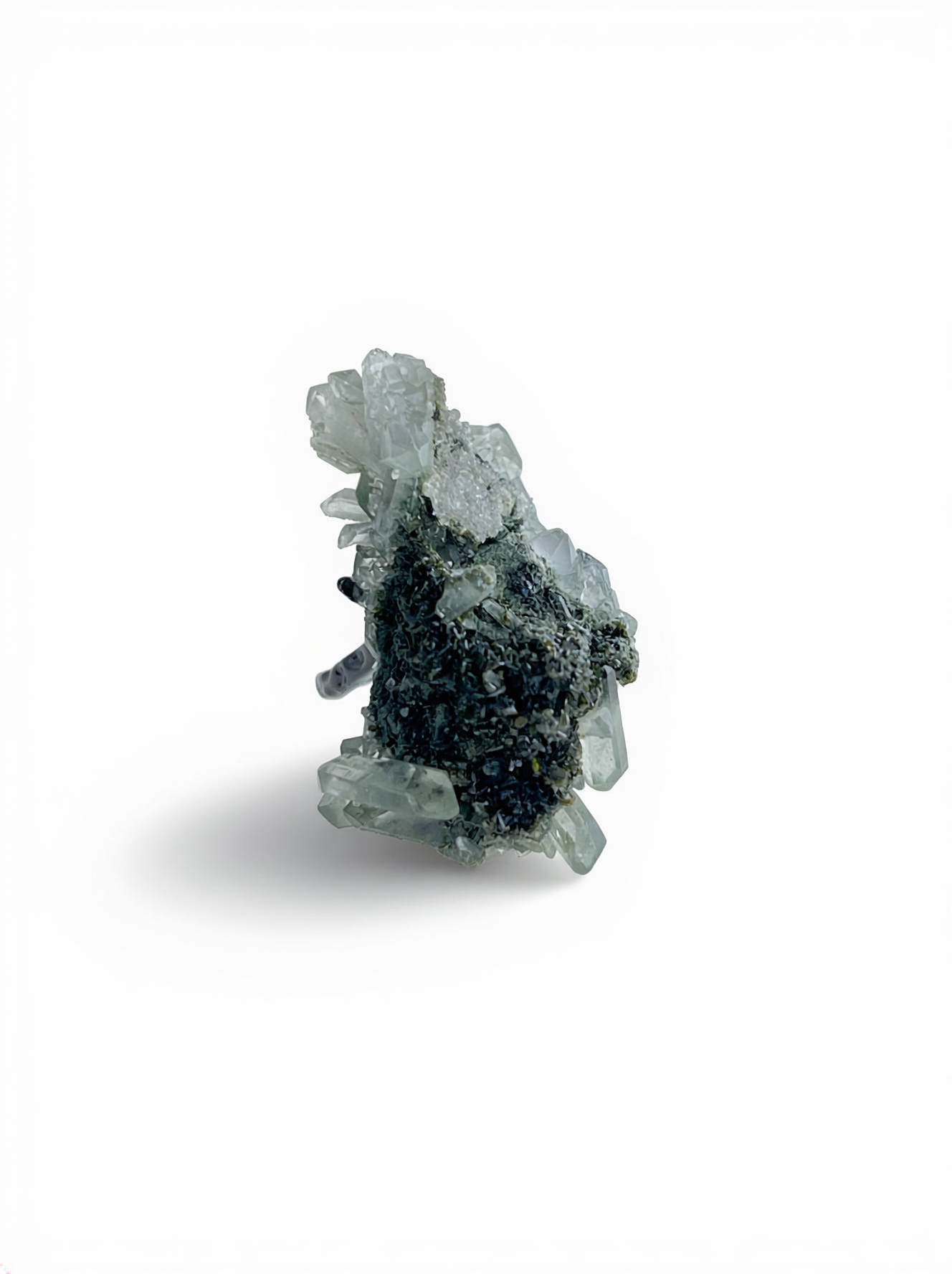 Front view of Epidote and Quartz crystal cluster ring with natural mineral texture