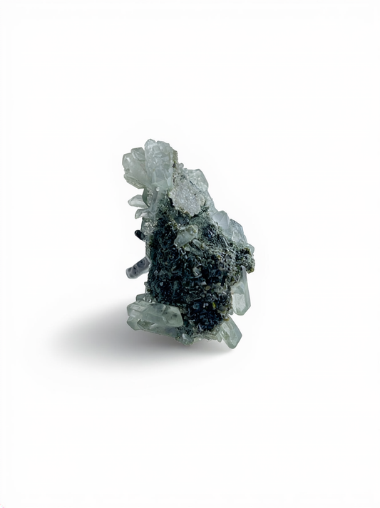 Front view of Epidote and Quartz crystal cluster ring with natural mineral texture