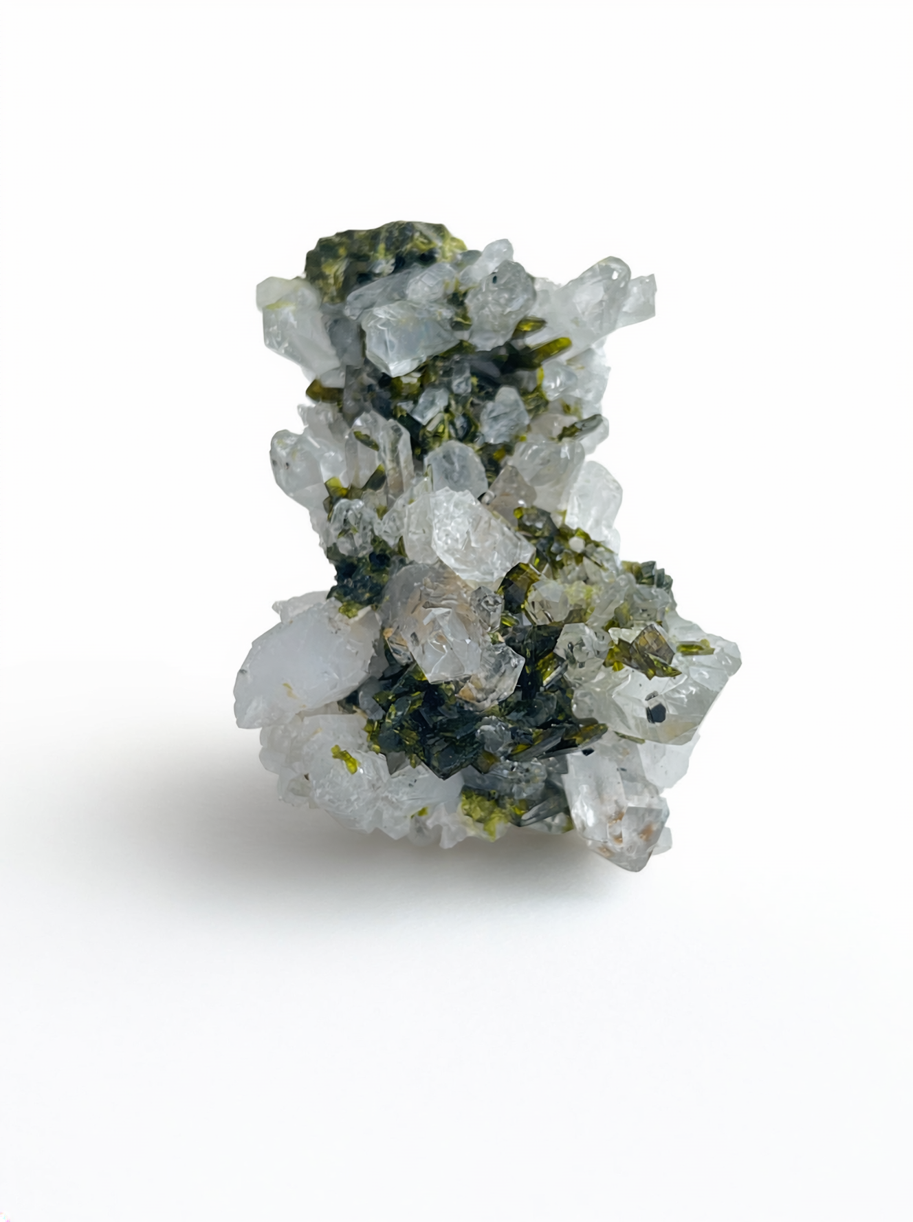 Epidote and Quartz Crystal Cluster Ring front view with natural green and clear crystals