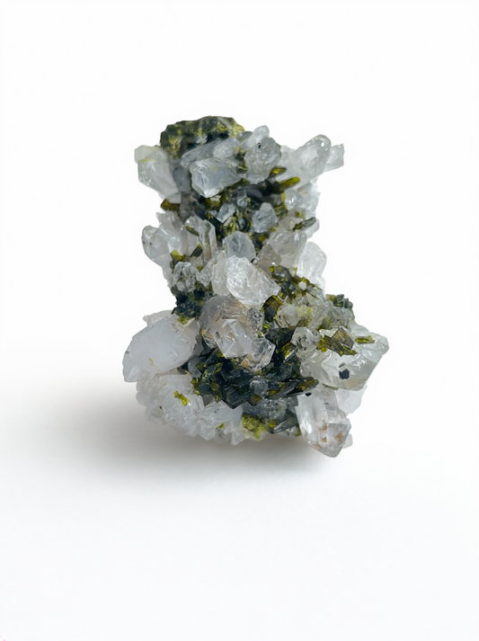 Epidote and Quartz Crystal Cluster Ring front view with natural green and clear crystals