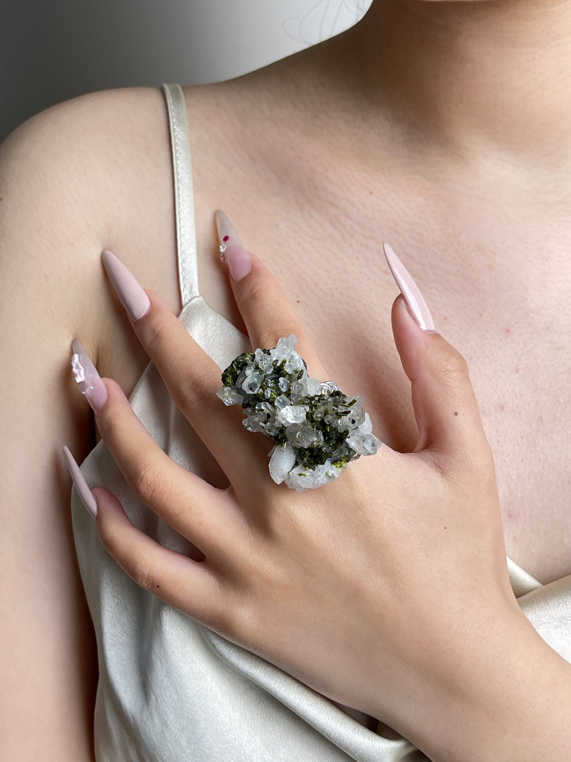 Epidote and Quartz Crystal Cluster Ring worn on hand as mineral specimen jewelry
