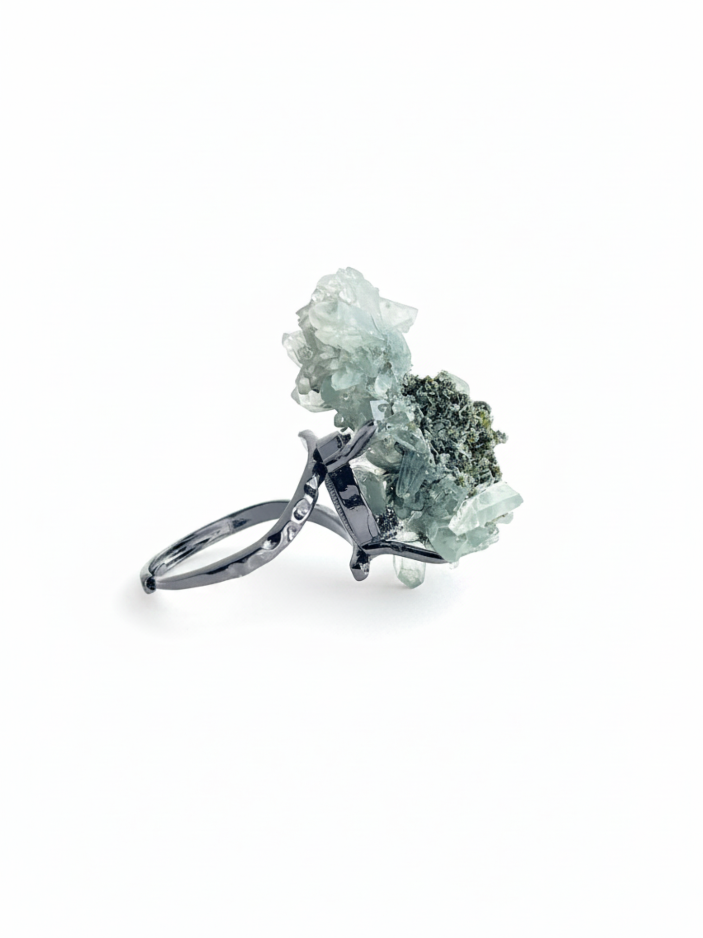 Side view of Epidote and Quartz crystal cluster ring on black rhodium plated band