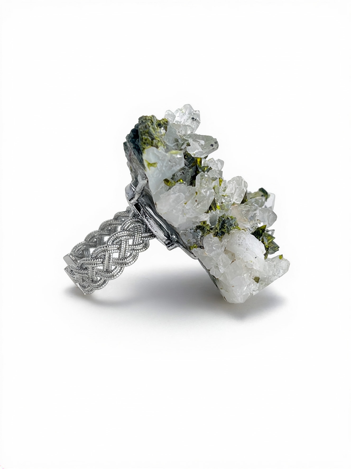 Side view of Epidote and Quartz Crystal Cluster Ring with black rhodium plated band
