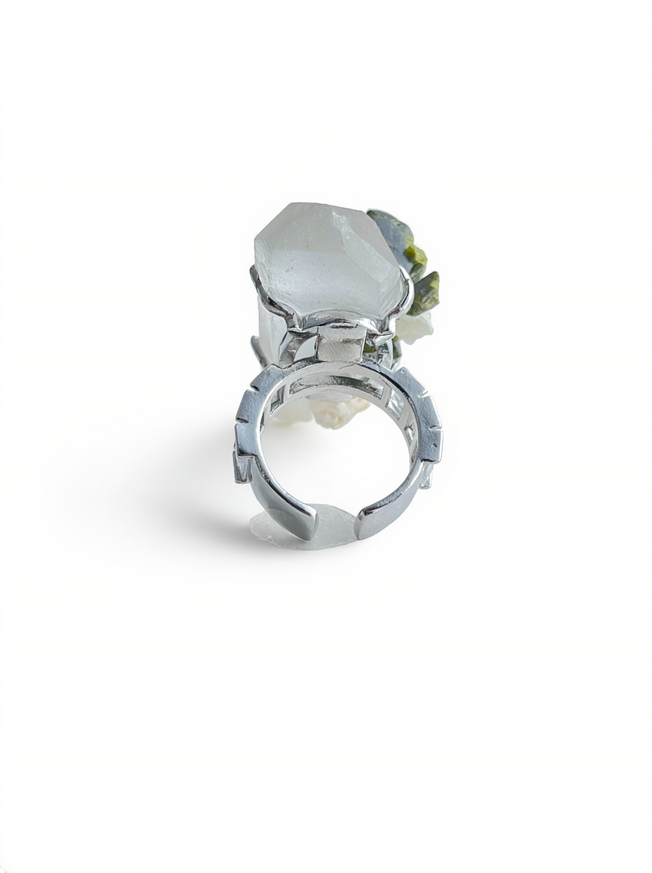 Back view of Epidote and Quartz Crystal Point Ring and adjustable open band