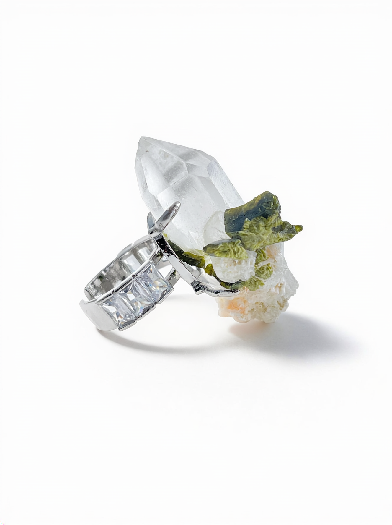 Side view of Epidote and Quartz Crystal Point Ring with palladium plated band