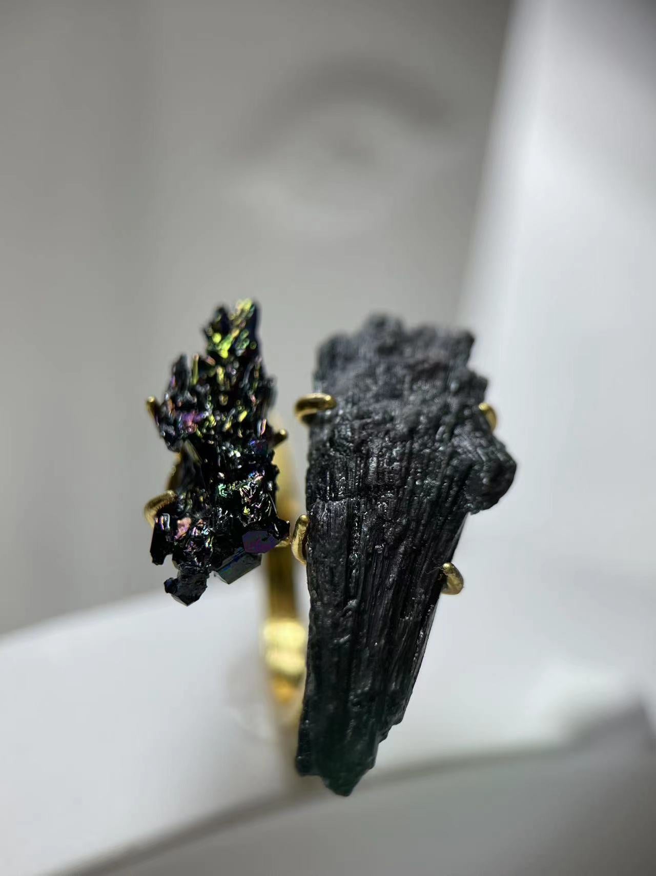 Feather Black Tourmaline & Rainbow Chalcopyrite Ring