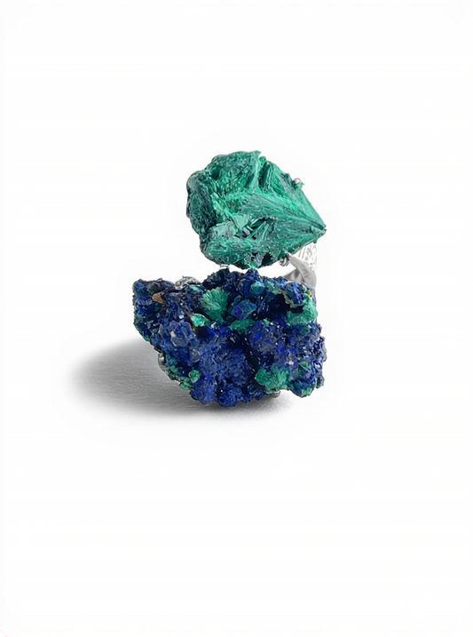 Front view of fibrous malachite and azurite mineral specimen ring with green velvet malachite over deep blue azurite.