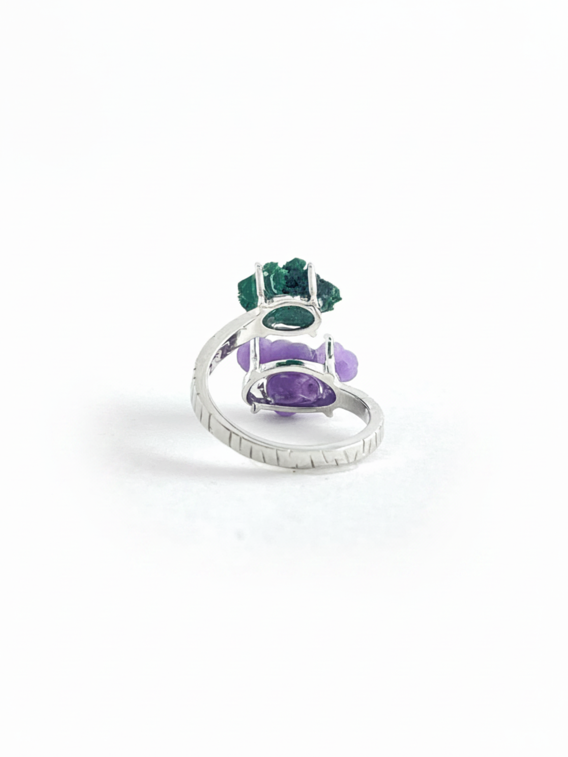 Back view of Fibrous Malachite and Purple Grape Agate ring with palladium plated setting